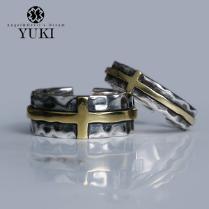 YUKI纯银戒指男女情侣银饰品戒子镶黄铜十字开口可调INS复古做旧