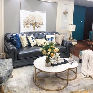 后现代拉扣沙发美克美家真皮沙发轻奢别墅客厅样板房组合沙发