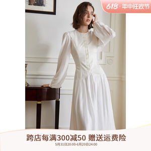 AEL原创法式复古白色连衣裙2024年春新款垂感宫廷灯笼袖中长裙女