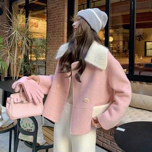 粉色短款双面羊绒大衣女小个子2023新款秋冬法式小香风毛呢厚外套