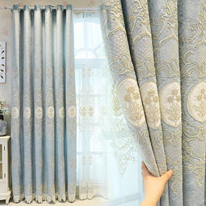 简欧全遮光加厚雪尼尔蓝色成品定制窗帘简约现代客厅落地高遮阳布