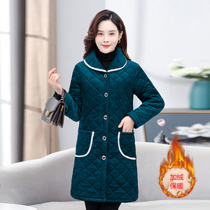 妈妈冬季灯芯绒加绒中长款棉衣中年女时尚宽松大码家居服棉袄外套