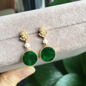 缅甸天然翡翠a货18k辣绿圆牌耳钉金镶玉满色平安扣圆形耳坠带证书
