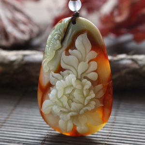 包邮天然玉石牡丹花吊坠岫玉花开富贵挂件花玉富贵平安挂坠可鉴定
