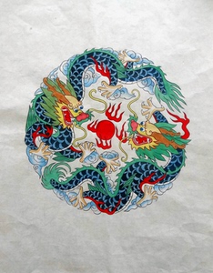 武强年画画心 二龙戏珠 青龙 纯手绘 吉祥寓意 民间艺术