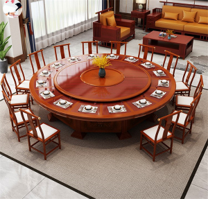 欧式酒店电动大圆桌简约风格花梨色包厢圆餐桌14人2.8米实木餐桌