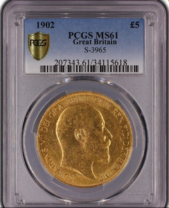 pcgs ms61好品相英国爱德华七世1902年5磅马剑大金币40克917金 少