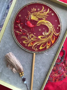 法式刺绣材料包金色凤凰喜扇刺绣团扇新娘结婚中式手捧花团扇