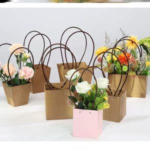 牛皮纸手提花篮女神节花盒单支花袋三八节花束花盆花朵包装袋鲜花