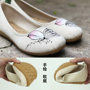 亚麻居士鞋女茶服鞋夏手绘搭配鞋软底原创平跟复古风禅服布鞋佛教