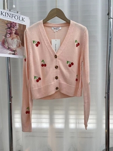 品牌撤柜a1868大码高腰针织衫V领刺绣樱桃针织开衫甜美短毛衣