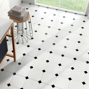 柏恩 日式浴室黑白八角砖卫生间瓷砖厨房洗手间法式复古纯色地砖