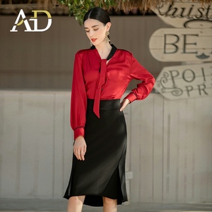 AD红色复古衬衫女夏设计感小众职业装黑色鱼尾包臀裙时尚衬衣套装