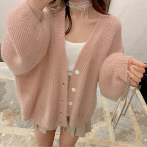早秋冬新款温柔粉色长袖针织外套开衫慵懒很仙的马海毛毛衣女外穿