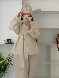 反季韩国东大门双面羊绒大衣女短款立领小个子设计感羊毛呢外套