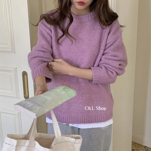 温柔气质混织圆领紫色针织衫韩国秋冬装女士羊毛宽松大码套头毛衣