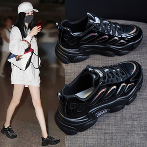 厚底黑色老爹鞋女ins潮酷炸街显脚小2021年秋冬新款加绒全黑鞋子