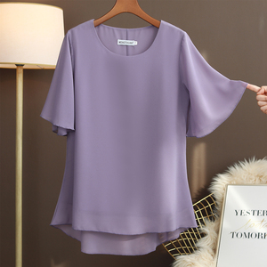韩国紫色雪纺衫短袖女新款圆领宽松大码胖mm中年妈妈夏装上衣t恤