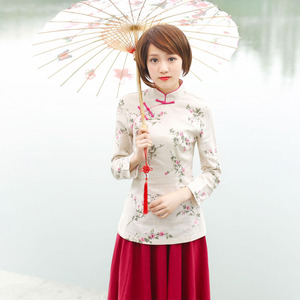 中国风小清新学生文艺复古修身长袖旗袍上衣民国改良中式女装茶服
