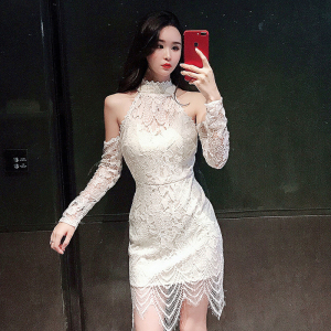 名媛长袖纯色挂脖式性感露肩高端宴会同学聚会红毯走秀车展晚礼服