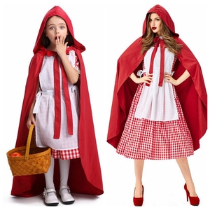 圣诞节派对小红帽亲子服装成人女童红色女仆格子裙红斗篷披风套装