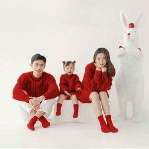 亲子装针织红色毛衣男女宝全家福圣诞新年写真周岁照秋冬