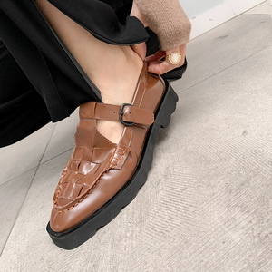编织复古风丁字鞋女平底英伦风圆头t字扣小皮鞋厚底真皮棕色单鞋
