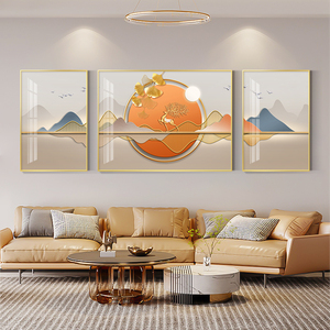 新中式沙发背景墙装饰画轻奢福鹿客厅挂画背有靠山三联画大气壁画