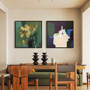 现代简约客厅装饰画小众艺术沙发背景墙壁画抽象花卉二联方形油画