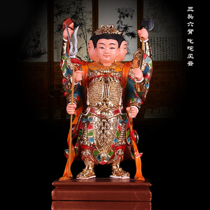 开光哪吒三太子神像 中坛元帅 三头六臂哪吒道教供奉树脂客厅摆件