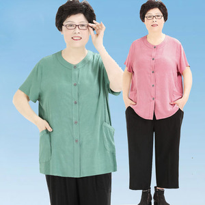 98程茜舞蹈服淘宝广场舞大妈跳舞服装上衣莫代尔短袖中老年不规则