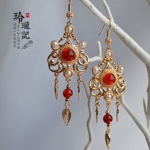 梵音玲珑记原创汉服古风婚饰唐风唐朝宫廷流苏耳环婚礼红玛瑙耳饰