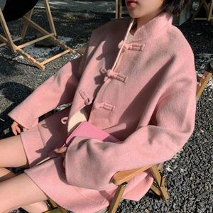 皮粉色羊绒大衣女双面呢新中式中国风盘扣羊绒外套女装秋冬毛呢