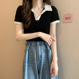 撞色polo衫短袖t恤女夏2022年新款洋气卡腰小衫翻领正肩短款上衣