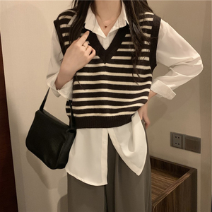 针织马甲衬衫两件套装女衬衣春季搭配叠穿小坎肩条纹毛衣背心上衣
