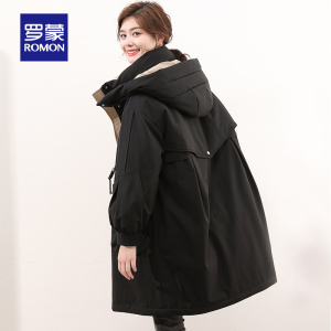 罗蒙女士长款可脱卸帽羽绒服2021冬季新款时尚大气撞色保暖外套女