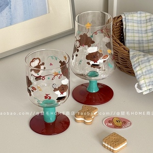 韩国复古手绘卡通熊玻璃高脚杯可爱果汁饮料酒杯情侣水杯冰淇淋杯