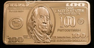 美国 100美元紫铜镀金精制纪念章 金条状100美元纸币