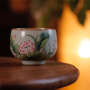 熙物堂手工汝窑手绘粉彩主人杯如是杯开片汝窑随手喝茶杯