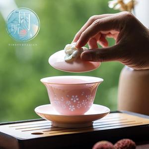 纯手工捏花三才盖碗茶杯白瓷单个薄胎陶瓷镂空玲珑瓷茶碗功夫茶具