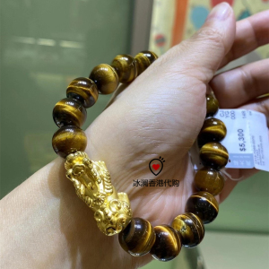 代购周大福黄金貔貅手链 999足金虎眼石/天然水晶/黑玛瑙红绳手串