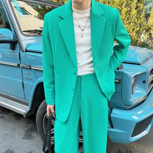 糖果绿西装套装男春季2022新款高级感痞帅韩版ins潮流西服一整套