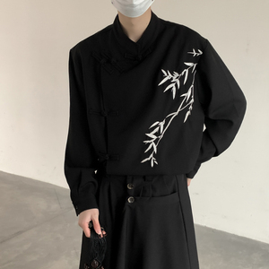 TANGZ STUDIO新中式国风男装设计感绣竹盘扣立领衬衫长袖汉服衬衣