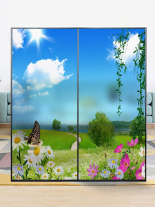 磨砂静电玻璃贴膜中国风风景画山水移门贴纸家用阳台玻璃门贴纸