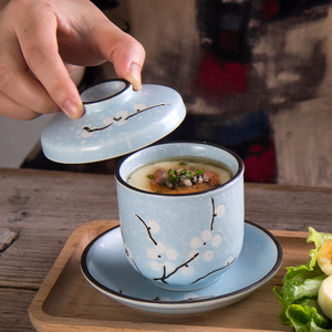 美光烧 日式手绘梅花陶瓷炖盅甜品蒸蛋盅小汤盅 茶碗蒸带盖子茶杯