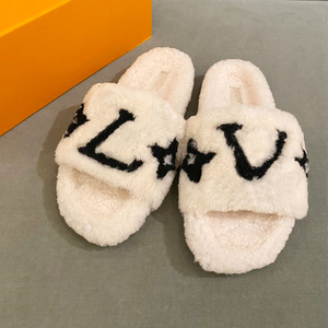 lv bv/黎路易威登一字拖真羊毛黑字母米色羊羔毛外穿防滑毛毛拖鞋