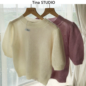 ins风紫色康宝莱纱线真丝马海毛毛衣慵懒风泡泡短袖针织衫上衣女