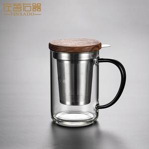 左茗右器胡桃木盖子茶漏杯玻璃杯个人专用红茶杯茶水分离泡茶杯子