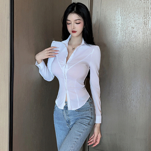 性感气质显胸ol白色衬衫2022春装新款紧身收腰显瘦百搭长袖上衣女