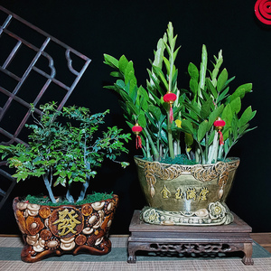 金色发财树盆新年喜庆复古中国风桌面招财元宝聚宝盆造型陶瓷花盆